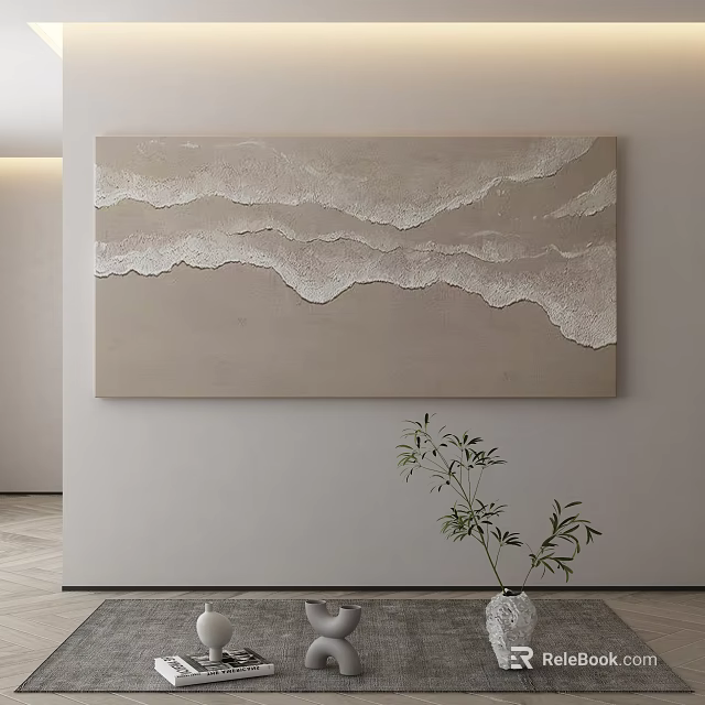 Abstract Textured Wave Painting In Neutral Tones With Green Plant Decoration 3d model 