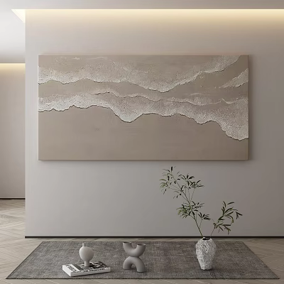 Abstract Textured Wave Painting In Neutral Tones With Green Plant Decoration 3d model