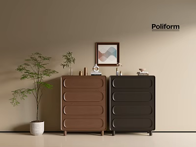 Modern Entryway Side Cabinet in Brown and Black with Potted Plant and Wall Art 3d model
