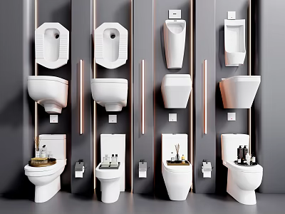 Various Modern Toilet Designs Including Toilet Bowls and Urinals on 3d model