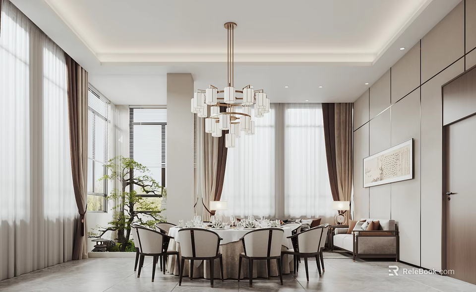 Luxurious Modern Private Dining Room With Round Table Chandeliers And Sofa 3d model