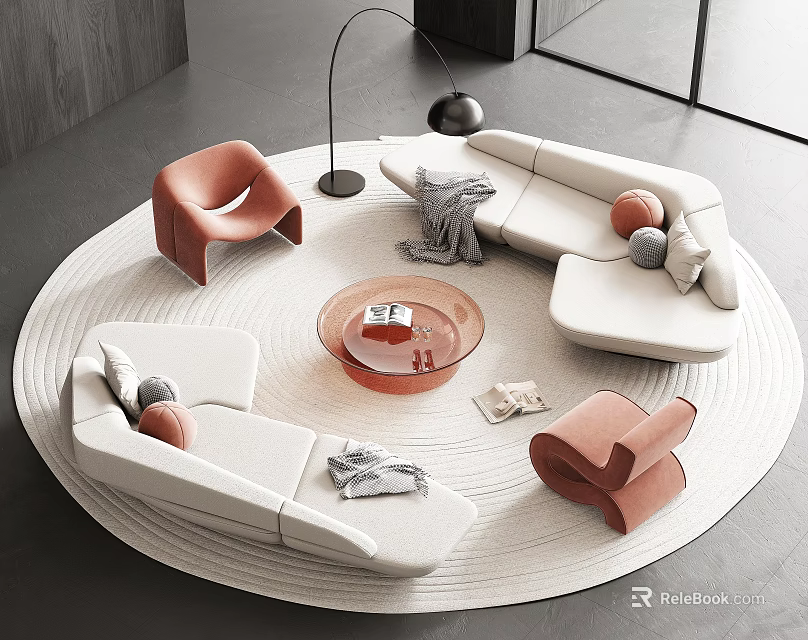 Sofa and Coffee Table Set with White Sofa Orange Chairs Round Table on Circular Rug 3d model