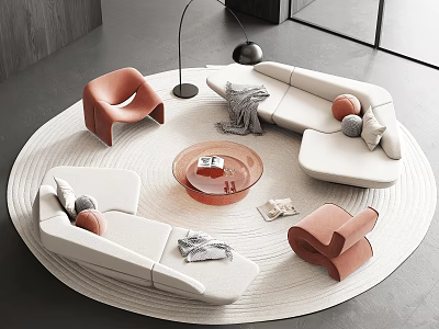 Sofa and Coffee Table Set with White Sofa Orange Chairs Round Table on Circular Rug 3d model
