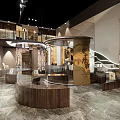 Elegant Exhibition Space Interior With Wooden Display Cases Marble Walls And Chinese Calligraphy Decorations