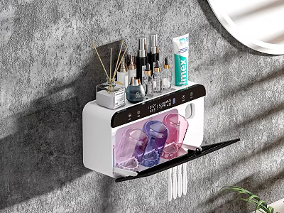 Wall Mounted Bathroom Cabinet Rack With Toiletries Skincare Products And Toothpaste Cups 3d model