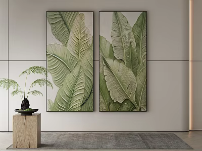 Two Abstract Paintings With Large Green Tropical Leaves As Vertical Wall Art 3d model
