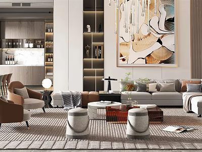 Modern Dining and Living Room Interior With Sofa Coffee Table Artwork Shelves And Area Rug 3d model