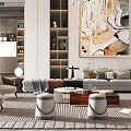 Modern Dining and Living Room Interior With Sofa Coffee Table Artwork Shelves And Area Rug