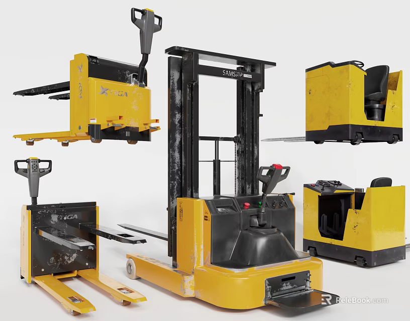 Yellow Electric Forklifts Pallet Trucks And Stand On Industrial Handling Equipment 3d model 