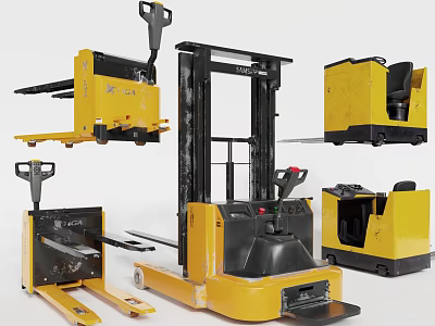 Yellow Electric Forklifts Pallet Trucks And Stand On Industrial Handling Equipment 3d model