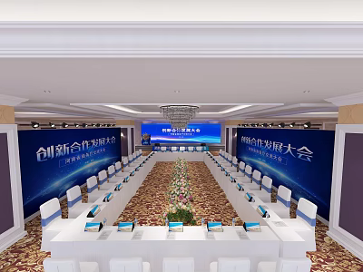 Large Conference Hall Setup With Long Tables White Chairs And Digital Screens 3d model