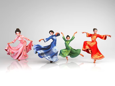Four Women In Traditional Costumes Dancing Gracefully In Pink Blue Green Red 3d model