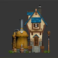 Cute Whimsical Small House With Blue Roof Yellow Walls Chimney Stone Stairs And Grass Path