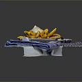 Crispy Golden Fries With Sausages And White Sauce Served On Blue White Striped Paper Tray