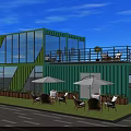 Modern Container Office With Green Blue Exterior Large Windows Terrace Outdoor Seating And Plants