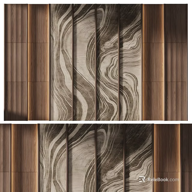 Modern Luxury Background Wall Featuring Wood Grain And Marble Texture Panel Design 3d model