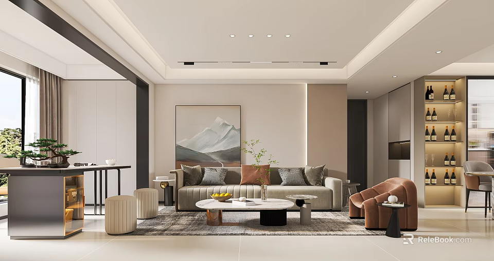 Modern Living Dining Room Interior Design With Sofa Coffee Table And Wall Art 3d model