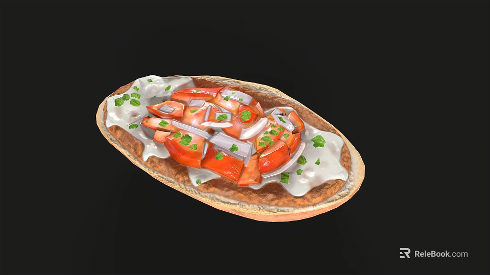 Open Faced Sandwich with Fresh Tomato Sour Cream Parsley and White Onion on Toast 3d model 