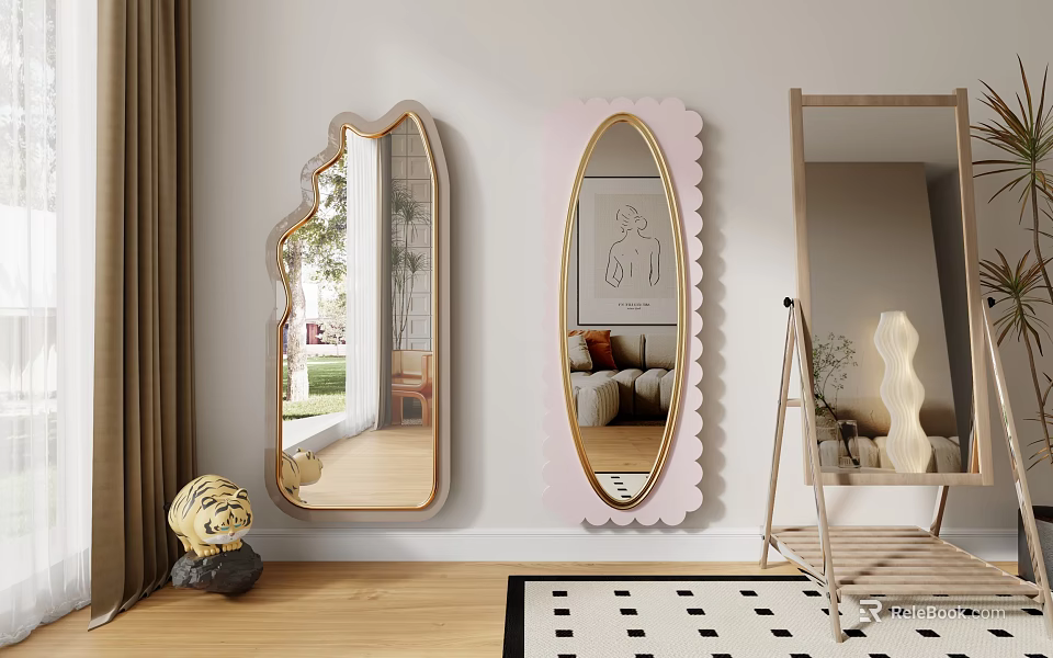 Decorative Mirrors With Scalloped Edges Pink Frame And Metallic Frames For Home Decor 3d model 