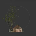 Small Tree With Green Leaves Next To Thatched Roof Cottage Model On Gray Gravel Ground