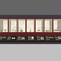 Exhibition Display Shelf Featuring Glass Cases Red Background Exhibits And Information Labels