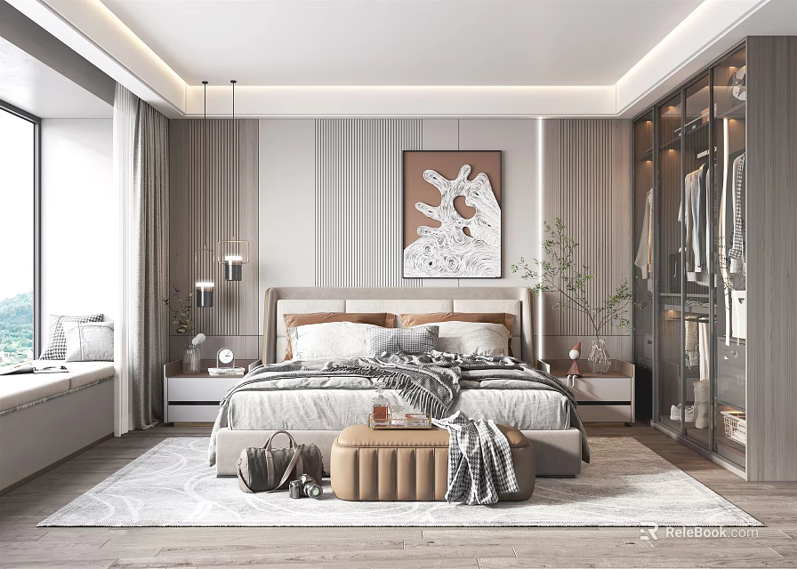 Modern Bedroom Interior With Large Bed Nightstands Wardrobe Carpet And Decorative Painting 3d model 