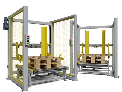 Automated Industrial Pallet Handling Equipment With Metal Frame Conveyor And Wooden Pallets 3d model