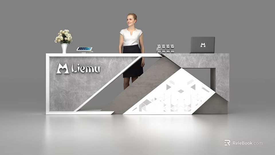 Liemu Modern Reception Desk With Gray White Geometric Patterns Vase And Laptop 3d model 