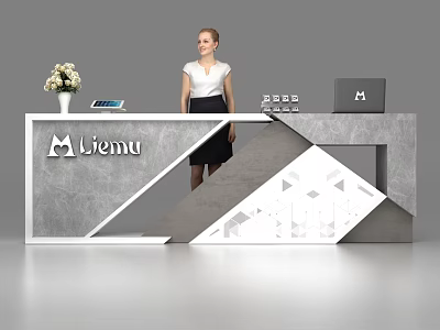 Liemu Modern Reception Desk With Gray White Geometric Patterns Vase And Laptop 3d model