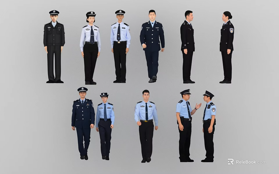 Group of People Wearing Different Police Uniforms With Various Styles And Colors 3d model 