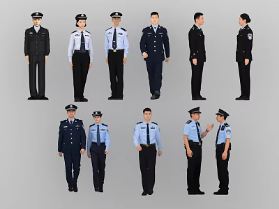 Group of People Wearing Different Police Uniforms With Various Styles And Colors 3d model