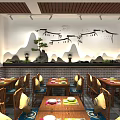 Elegant Chinese Restaurant Interior With Wooden Ceiling Screens And Yellow Cushioned Chairs