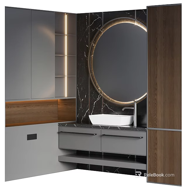 Modern Bathroom Vanity With Round Mirror Marble Countertop Grey Cabinets And Wooden Accents 3d model 