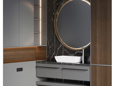 Modern Bathroom Vanity With Round Mirror Marble Countertop Grey Cabinets And Wooden Accents 3d model
