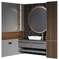 Modern Bathroom Vanity With Round Mirror Marble Countertop Grey Cabinets And Wooden Accents