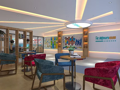 Modern Lounge Area Interior With Colorful Chairs Round Tables Wooden Shelves And Bright Lighting 3d model