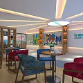 Modern Lounge Area Interior With Colorful Chairs Round Tables Wooden Shelves And Bright Lighting