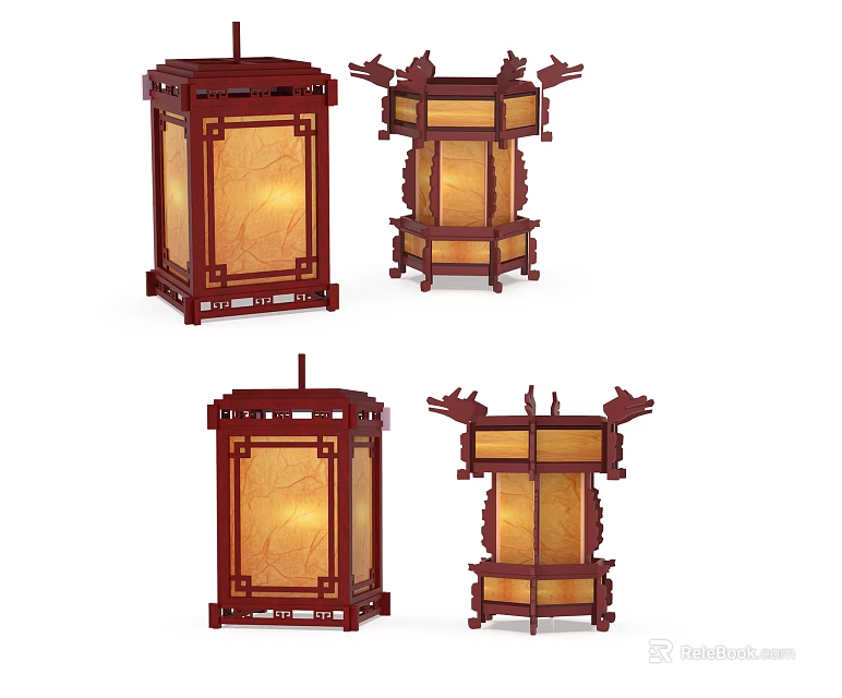 Traditional Chinese Style Chandeliers With Wooden Frame Carved Design And Yellow Shades 3d model 