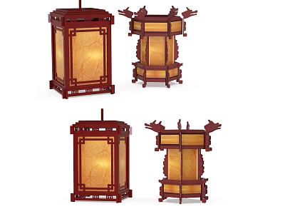 Traditional Chinese Style Chandeliers With Wooden Frame Carved Design And Yellow Shades 3d model