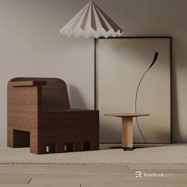 Modern Wooden Leisure Chair With Small Side Table And Wall Art Under Pendant Lamp 3d model 
