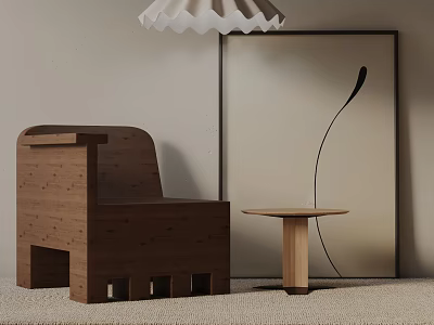 Modern Wooden Leisure Chair With Small Side Table And Wall Art Under Pendant Lamp 3d model