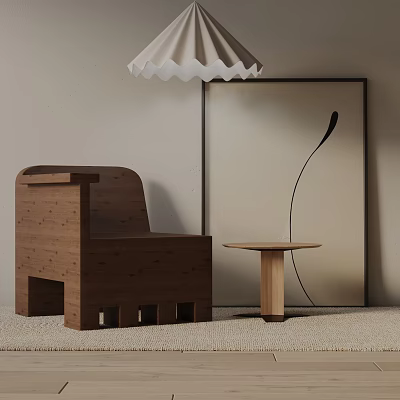Modern Wooden Leisure Chair With Small Side Table And Wall Art Under Pendant Lamp 3d model
