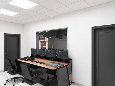 Contemporary Workspace With Long Desk Multiple Monitors Black Chairs White Walls And Glass Partition 3d model