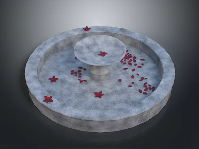 Circular Stone Fountain With Central Small Platform And Scattered Red Petals 3d model