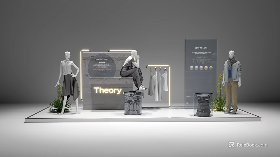 Theory Brand Art Installation With Mannequins Clothing Display Board And Plants 3d model 