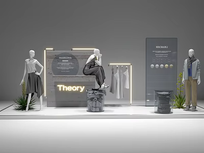 Theory Brand Art Installation With Mannequins Clothing Display Board And Plants 3d model