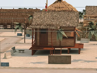 Traditional Thatched House With Wooden Steps Palm Trees And Outdoor Sand Setting 3d model