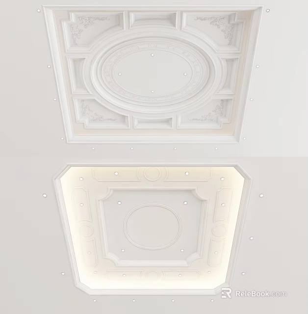 Elegant Decorative Ceiling Interior With Circular Medallion Detailed Patterns And Recessed Lighting 3d model 