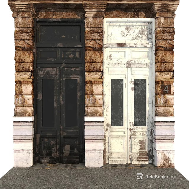 Vintage Residential Building Entrance With Black And White Doors And Brick Walls 3d model 
