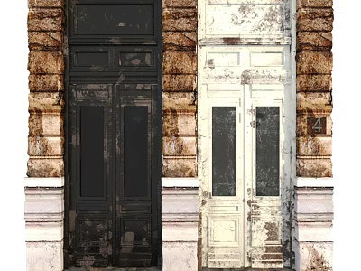 Vintage Residential Building Entrance With Black And White Doors And Brick Walls 3d model